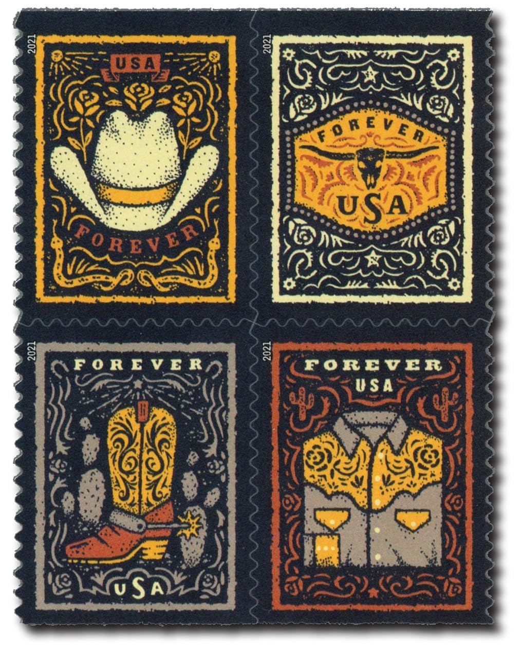USPS Western Wear (Cowboy Hat, Belt Buckle, Cowboy Boot with Spur, Western Shirt) (Booklet of 20) Postage Forever Stamps 2021 Scott #5615-5618
