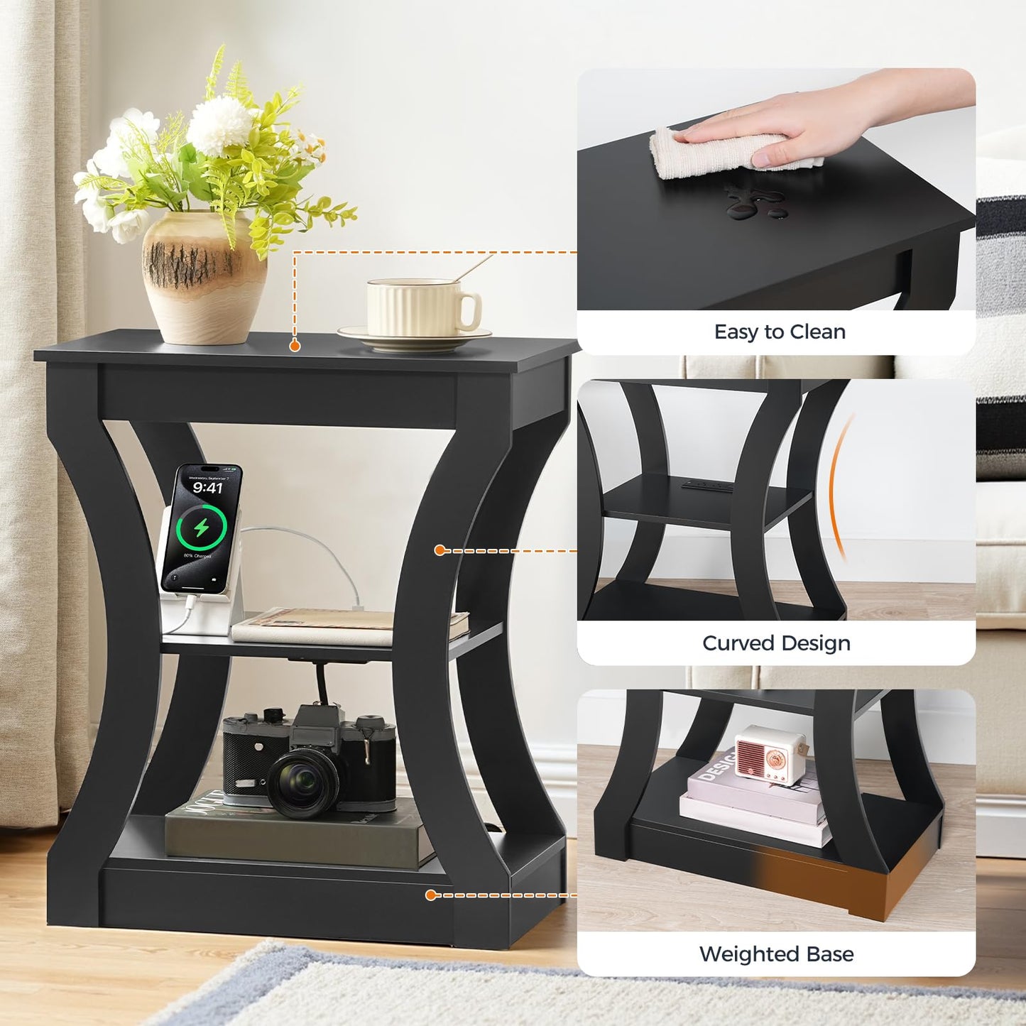 MAHANCRIS End Tables Living Room, Black End Table with Charging Station, Nightstand for Bedroom, 3 Tier Side Table with Storage Shelf for Living Room, Modern Bedside Table, Small Space, ETBK53E01