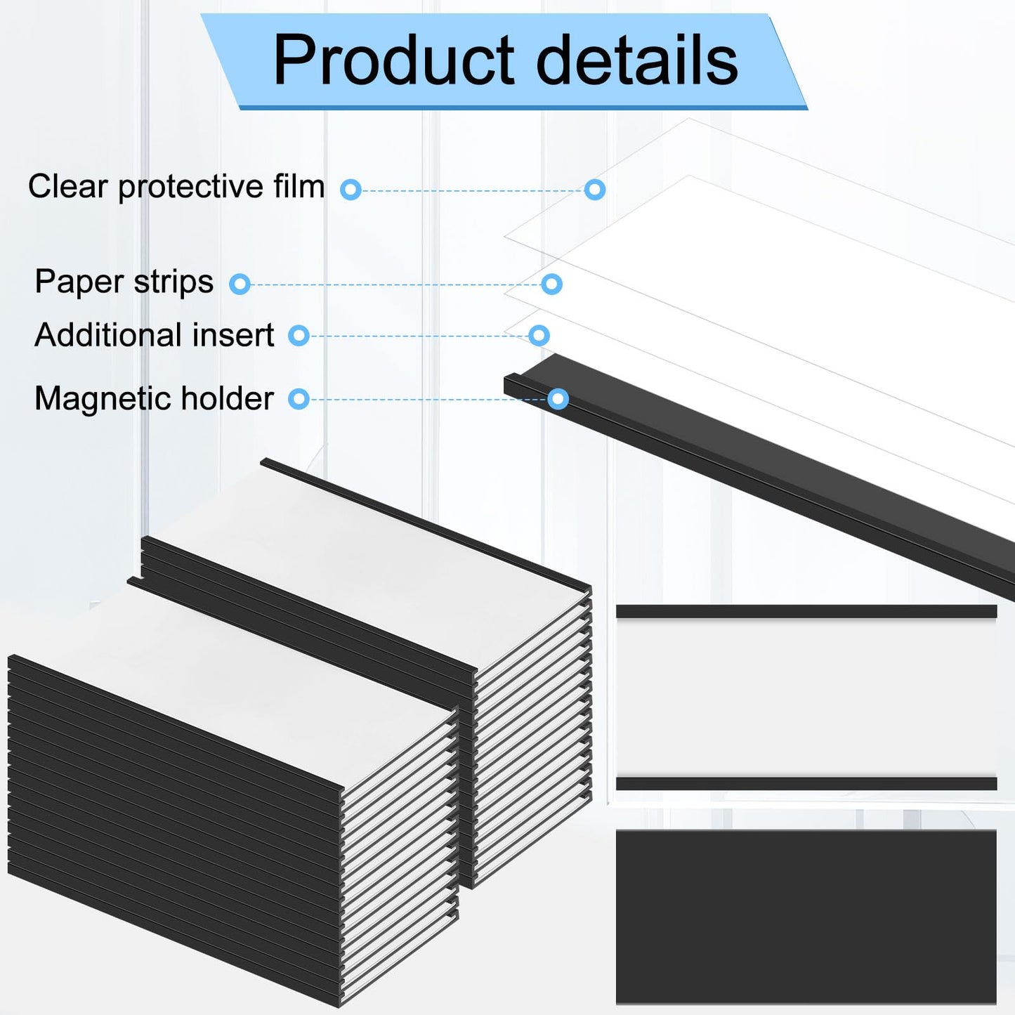Fulmoon 100 Sets Magnetic Label Holders 4 x 2 Inch C Channel Label Holders Magnetic Name Plate with Clear Plastic Protectors and White Paper Inserts for File Cabinet Shelf Toolbox Drawer