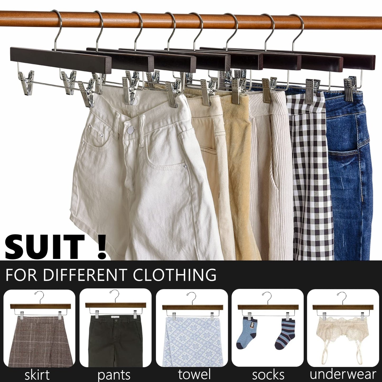 Amber Home 24 Pack Walnut Wooden Pants Hangers with Clips, 14" Wood Skirt & Trousers Hangers, Closet Hangers for Jeans, Slacks, Shorts, with 2-Adjustable Clips (Vintage, 24)