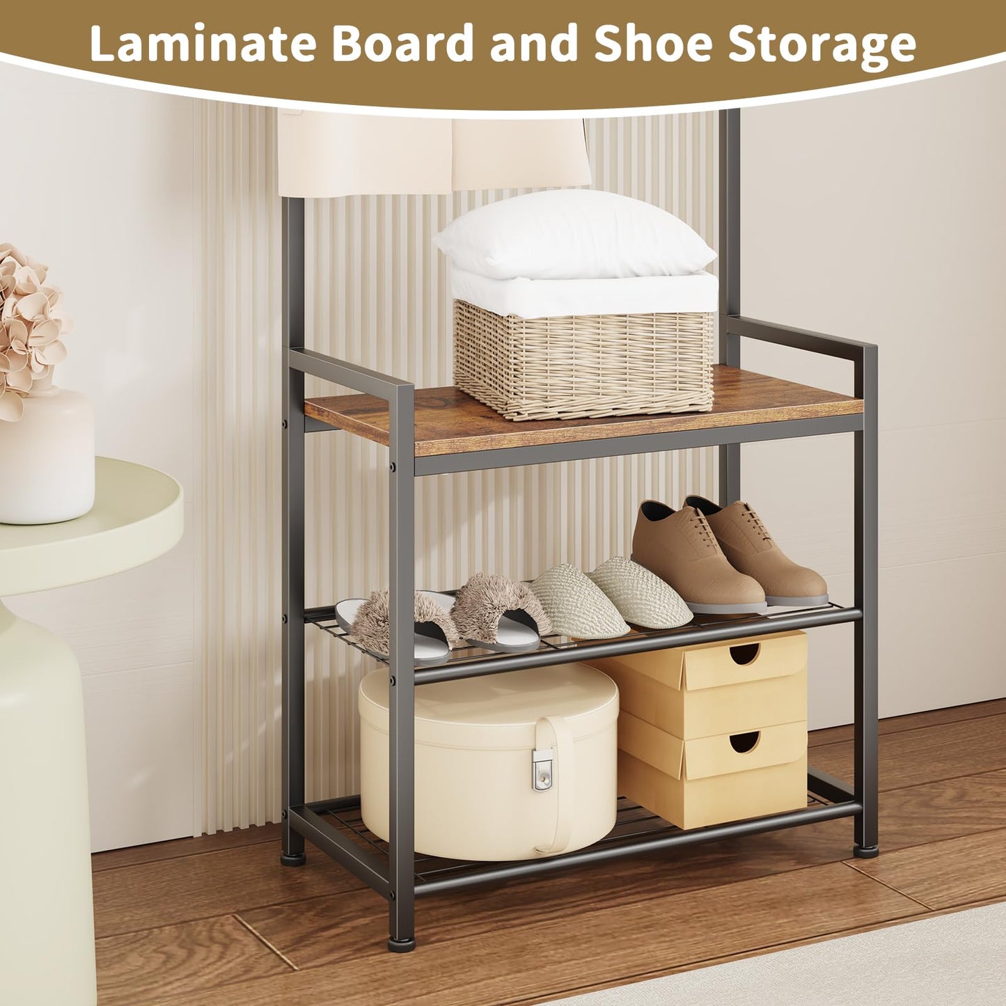 Leadpro Coat Rack Hall Tree with Shoe Storage, Entryway Hall Tree Storage Bench, Wood Look Accent Furniture with Metal Frame, 3-in-1 Design, Rustic Brown