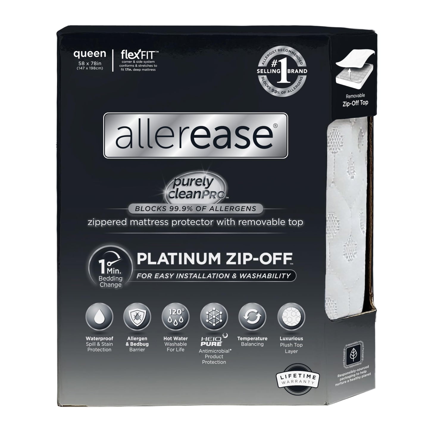 AllerEase Platinum Zip-Off Top Waterproof Mattress Protector Queen 360 Degree Zipper Particle Barrier Temperature Balancing Luxurious Plush Top Separately Machine Washable Mattress Cover (White)