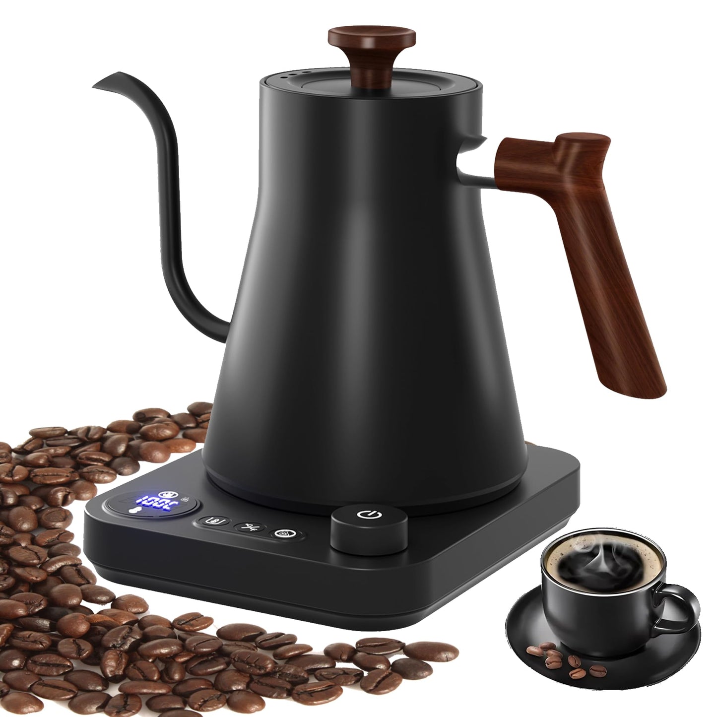 RHD Gooseneck Electric Kettle with Temperature Control LCD Display, 0.9L/900ml Pour Over Coffee & Tea Kettle, 1200W Fast Boil, Keep Warm, 304 Stainless Steel, Black