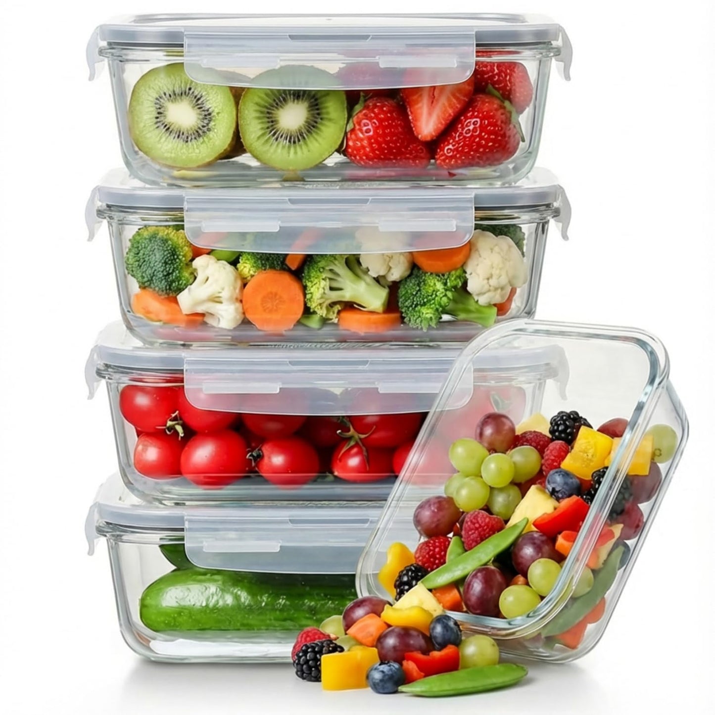 5 Pack 36oz Borosilicate Glass Food Storage Containers Set with Lids, Freezer Meal Prep Containers, Airtight Bento Lunch Container Set, Oven, Freezer and Dishwasher Safe, BPA Free, Kitchen Storage Set