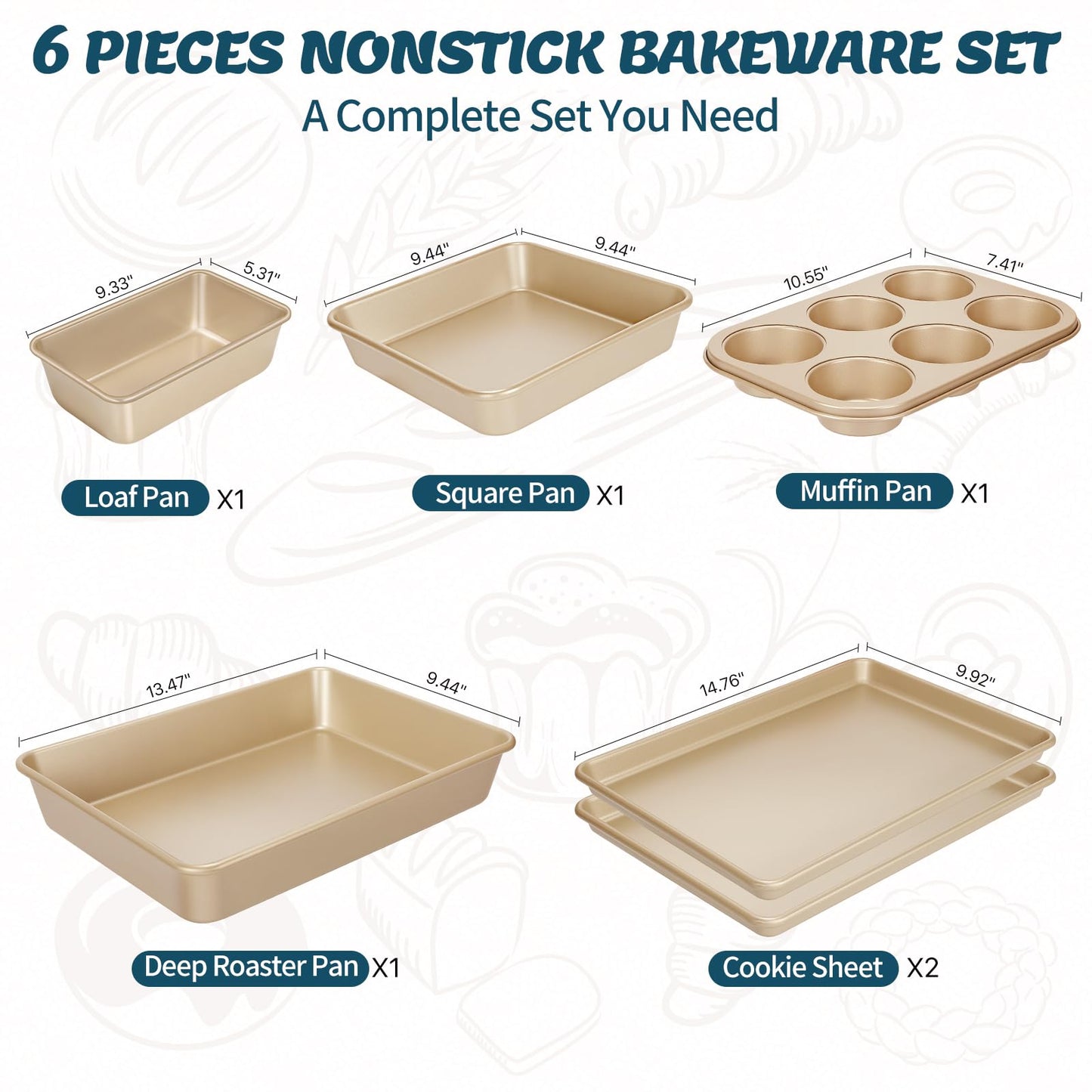 Baking Pans Set, Nonstick Stackable Bakeware Sets, Oven Pans for Cooking, AIVIKI 6 Pieces Baking Sheets Set Including Cookie Sheet, Deep Roaster Pan, Square Pan, Loaf Pan, Muffin Pan, Carbon Steel
