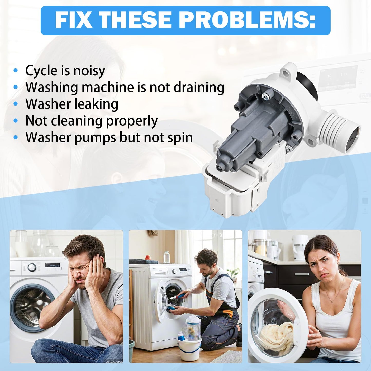 W11399437 W11259498 Washer Drain Pump Assembly Compatible with Whirlpool Maytag Kenmore Crosley Washing Machines, Replaces 4961028 AP6974144 PS12731241 EAP12731241 B25-3A04