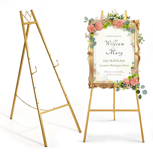 57.5" Gold Easel Stand for Sign, Wedding Sign Stand for Display, Assembly Required, 4 Adjustable Height Levels Heavy Duty Metal Display Stand Floor Standing Easels for Art, Paintings, Pictures