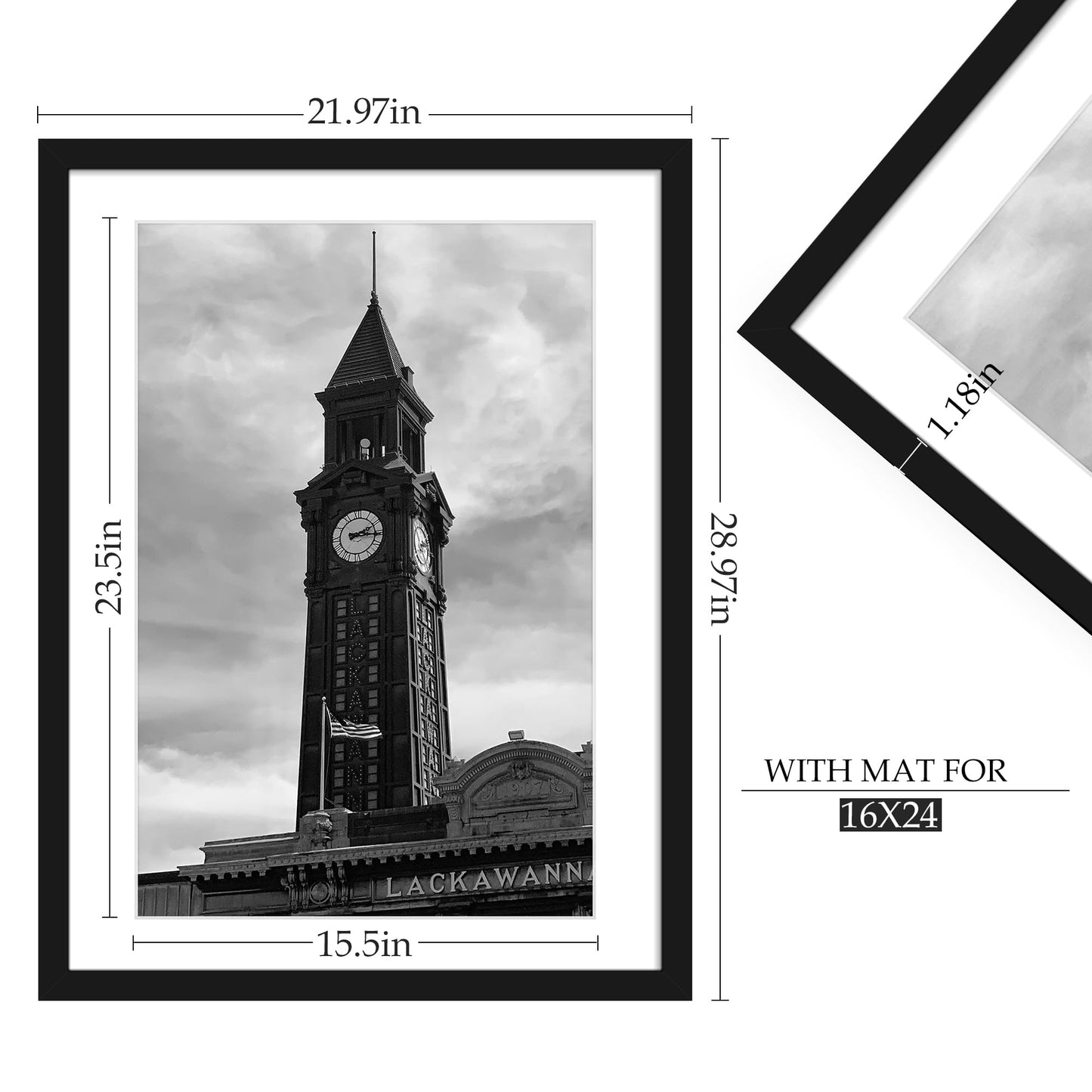 Wiscet 20x27 Picture Frame Set of 3, Display Pictures 16x24 with Mat or 20 x 27 Poster Frame without Mat, Wall Gallery Photo Frames, Black