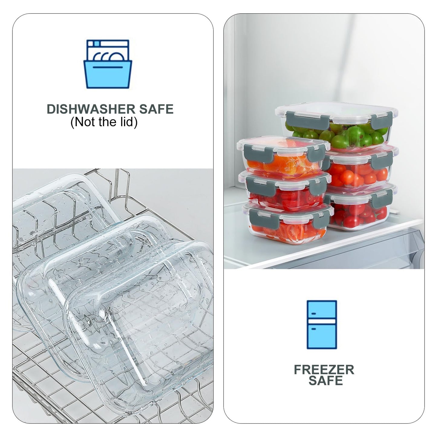KOMUEE 10 Pack Glass Food Storage Containers, Meal Prep Containers with Lids, Airtight Glass Lunch Boxes, Freezer, Oven, and Microwave Safe