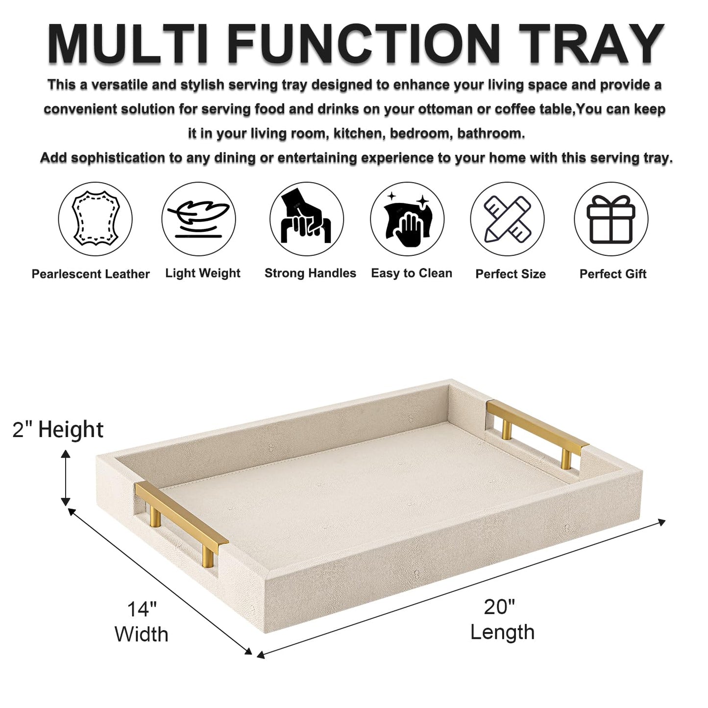 Beige Faux Leather Serving Tray with Handles – Large Decorative Tray for Coffee Table, Ottoman, Living Room, Bathroom – Home Decor