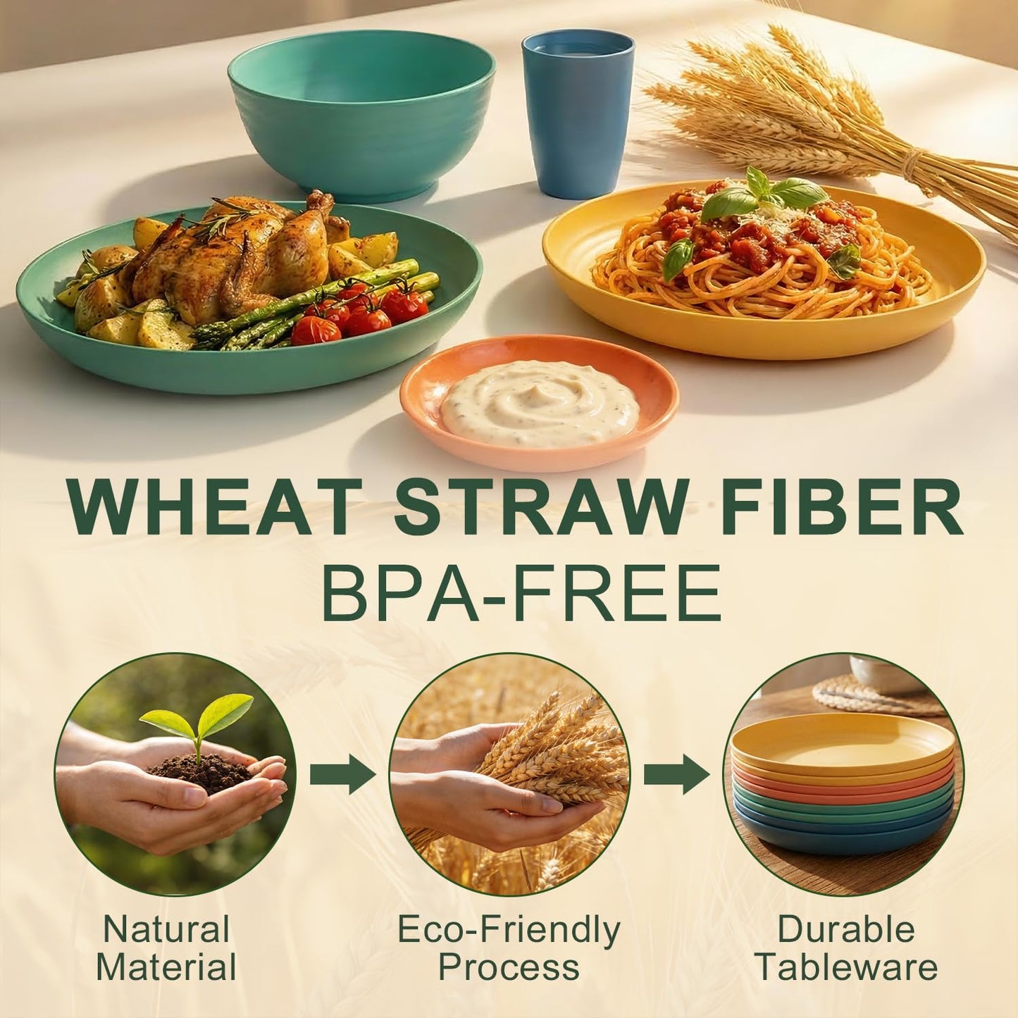 BUSOKIP Wheat Straw Dinnerware Sets 40 Piece, Kitchen Plates and Bowls Set, Unbreakable Dishes Set for 8, Microwave and Dishwahser Safe Dishware Sets for Home, Camping, RV, Party - Multi