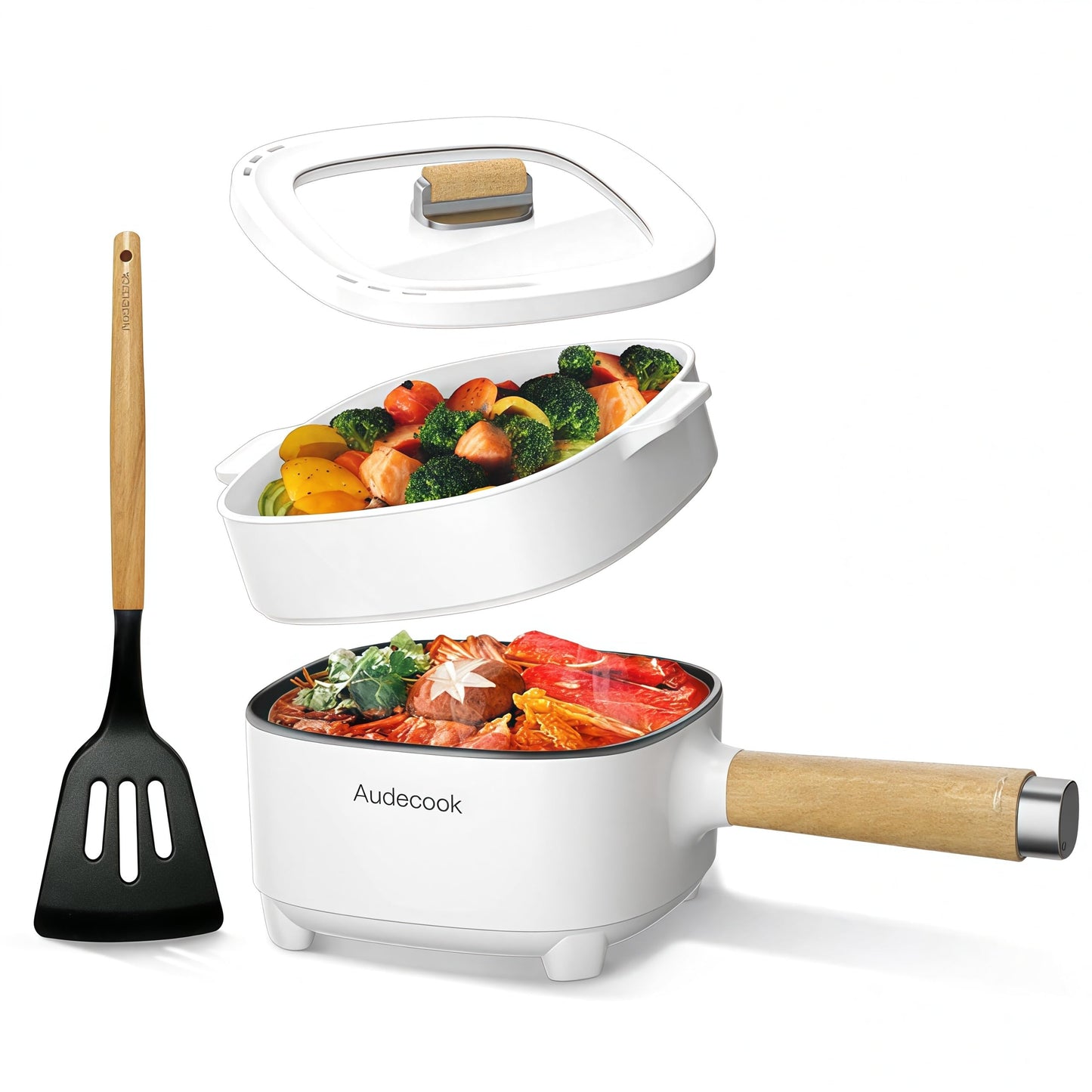 Audecook Hot Pot Electric 2L, Cermic Glaze Non-Stick Frying Pan 8 Inch, Portable Travel Cooker for Ramen/Steak/Fried Rice/Oatmeal/Soup, with Dual Power Control (Silicone Spatula Included)