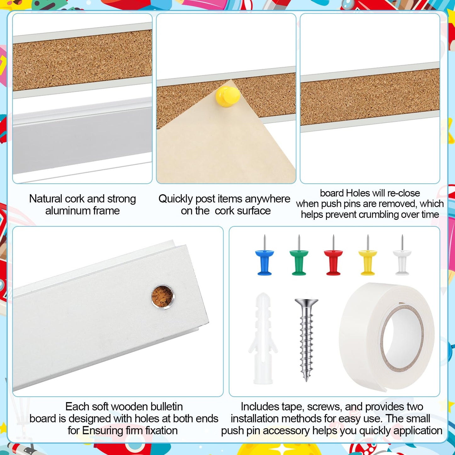 Threehoney 3 Pcs 48" x 1" Cork Strips Bulletin Bar Strips for Wall Bulletin Board Aluminum Trim Brown Cork Boards with Accessories for Paste Notes Photos Classroom Office Home Holiday Decor