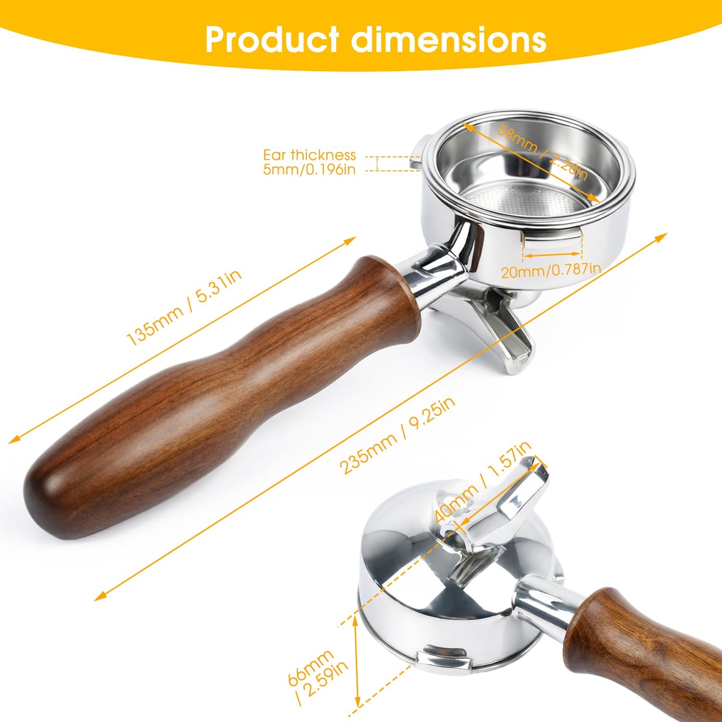 KUCHZUBE 58mm Portafilter 3 Ears with Double Spout Compatible with CASABREWS 5700 Series, Neutron Pro, Ultra and 4700Gense and Other 58mm Portafilter with Three Prongs Thickness 4.9mm | Wooden Handle