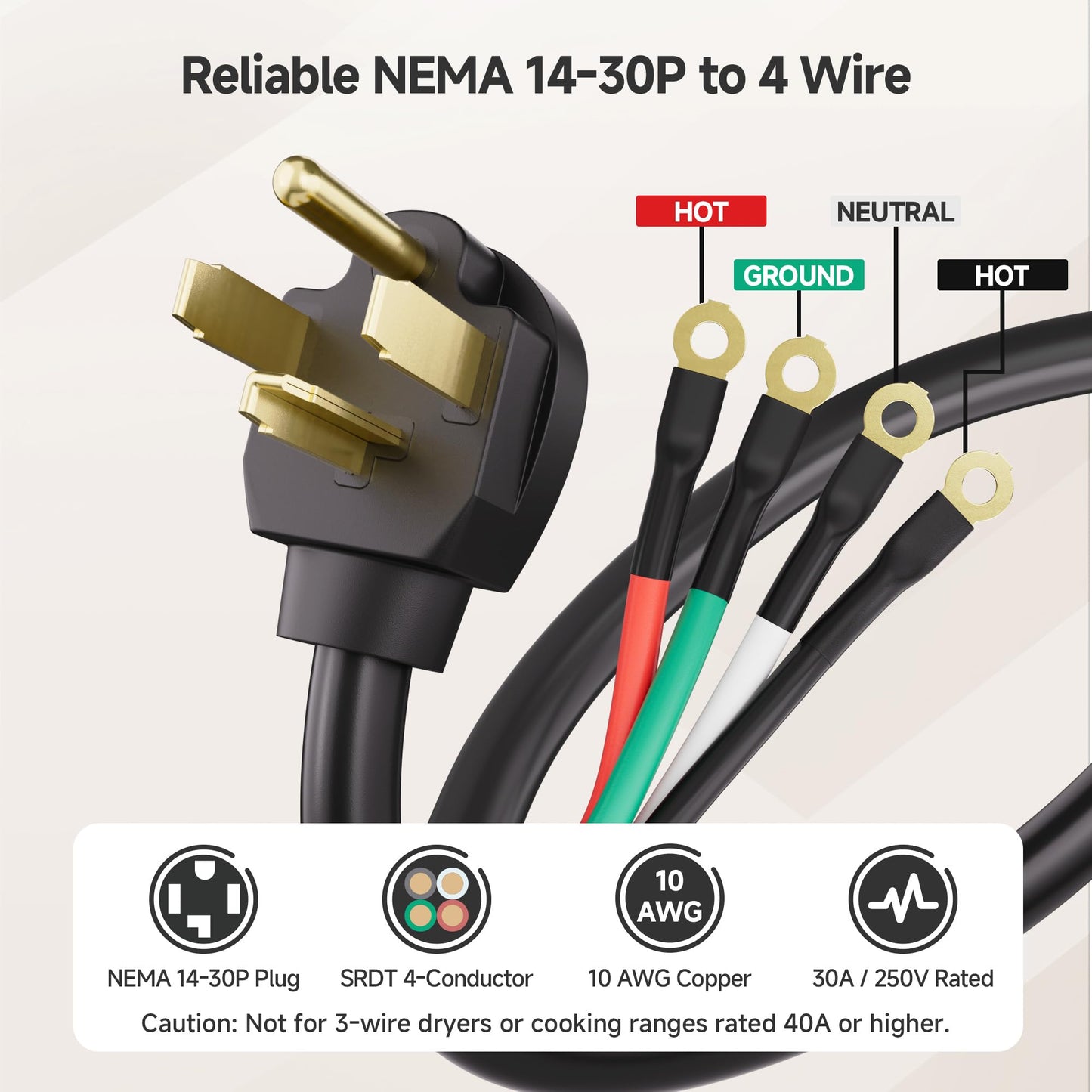 Cable Matters 4 Prong Dryer Cord - 10ft, Supports 30A/250V/7500W, 10AWG, NEMA 14-30P to 4 Wire, Dryer Power Cord