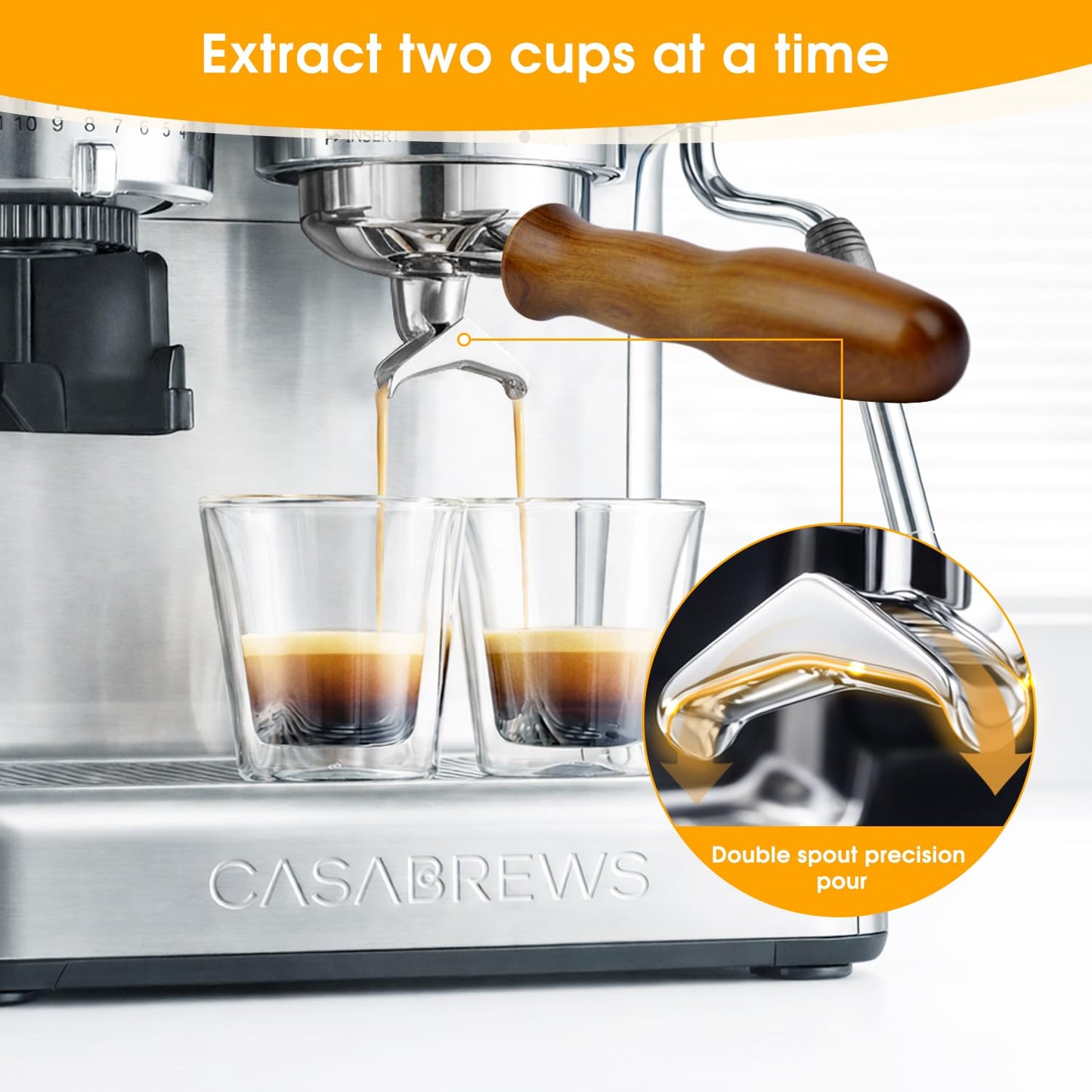 KUCHZUBE 58mm Portafilter 3 Ears with Double Spout Compatible with CASABREWS 5700 Series, Neutron Pro, Ultra and 4700Gense and Other 58mm Portafilter with Three Prongs Thickness 4.9mm | Wooden Handle