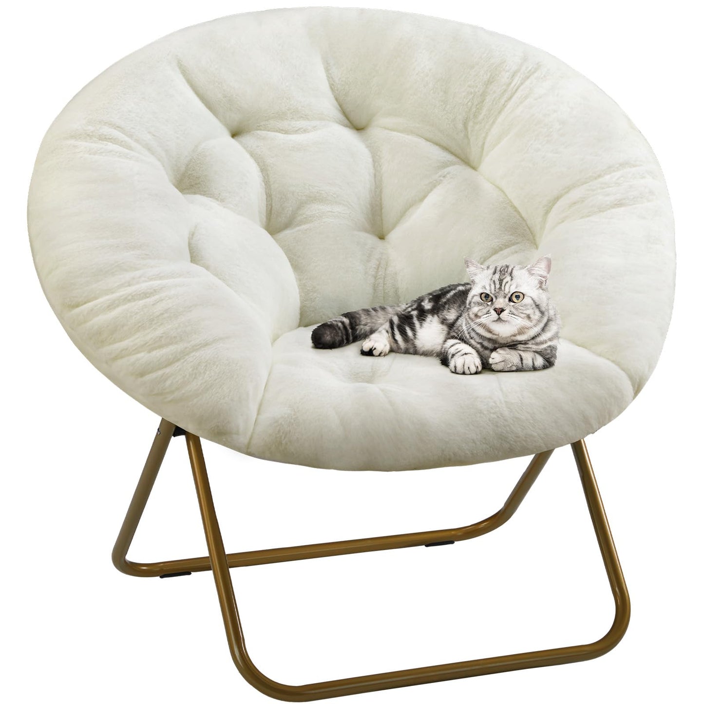 DUMOS Comfy Saucer Chair, Faux Fur Lounge Seasting XL Circle Chair for Bedroom, Dorm & Gaming, Foldable Fashion Accent Seat for Small Spaces, Folding Moon/Mushroom/Round Oversized Style,White