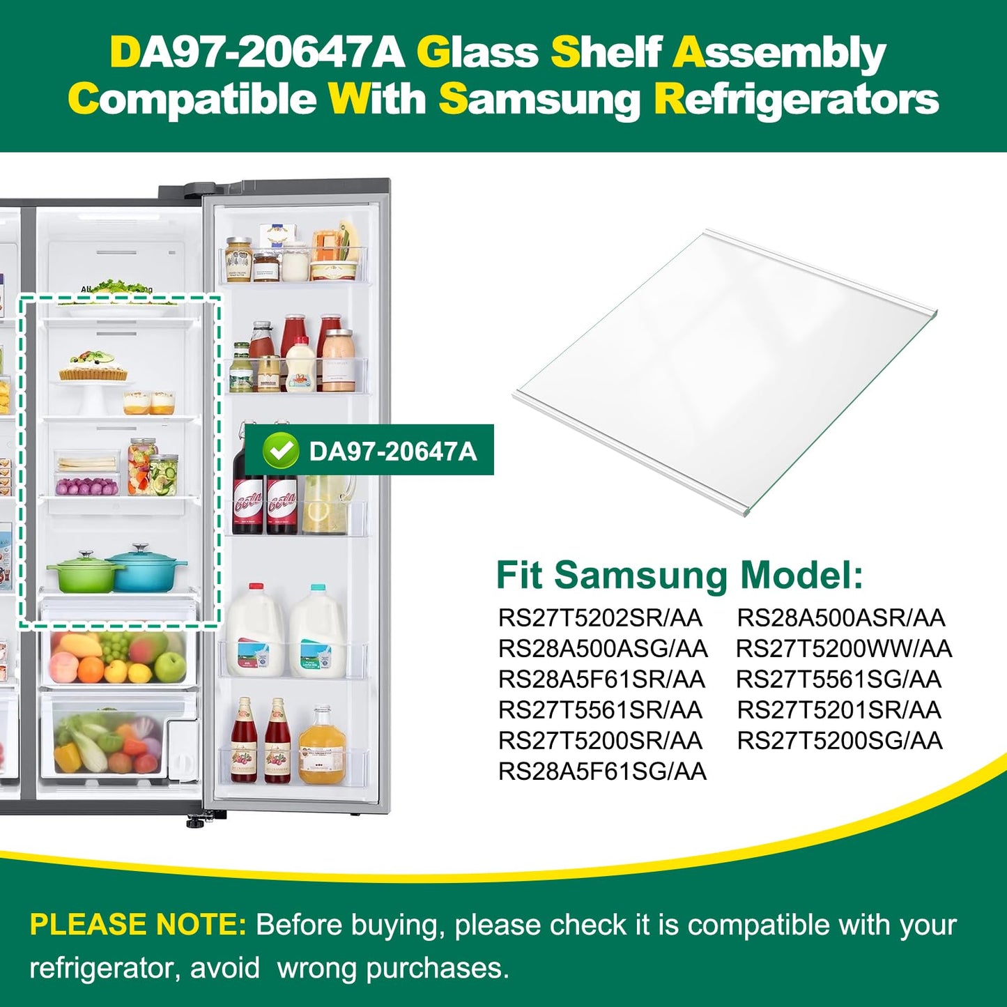 POOLKEY Upgraded DA97-20647A Refrigerator Glass Shelf Replacement Compatible with Samsung Fridge Upper Glass,Tempered Glass Shelf Parts RS27T5201SR/AA, RS27T5200SR/AA, RS27T5200SG/AA, RS27T5561SR/AA