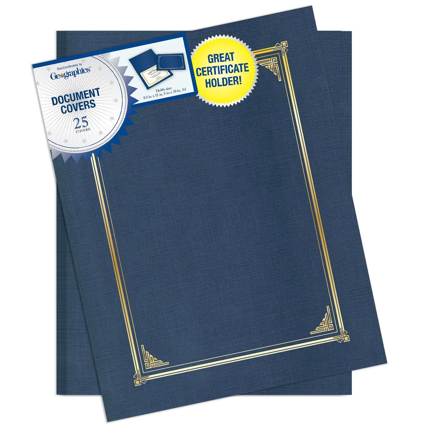 Geographics Classic Linen Certificate/Document Covers, 12.5” x 9.75”, Navy Bue (25 Pack)