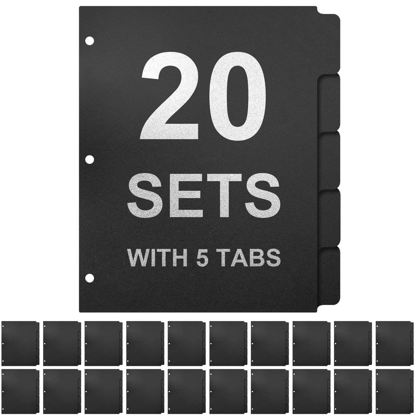3 Ring Binder Dividers with 5-Tabs for Letter Size, 1/5 Cut, 3-Hole Punched, Write & Erase Plastic Binder Dividers Extra Durable Section Index Dividers for Binders, Pack of 20 Sets, 100 Dividers Total