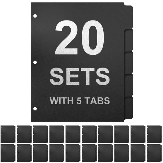 3 Ring Binder Dividers with 5-Tabs for Letter Size, 1/5 Cut, 3-Hole Punched, Write & Erase Plastic Binder Dividers Extra Durable Section Index Dividers for Binders, Pack of 20 Sets, 100 Dividers Total