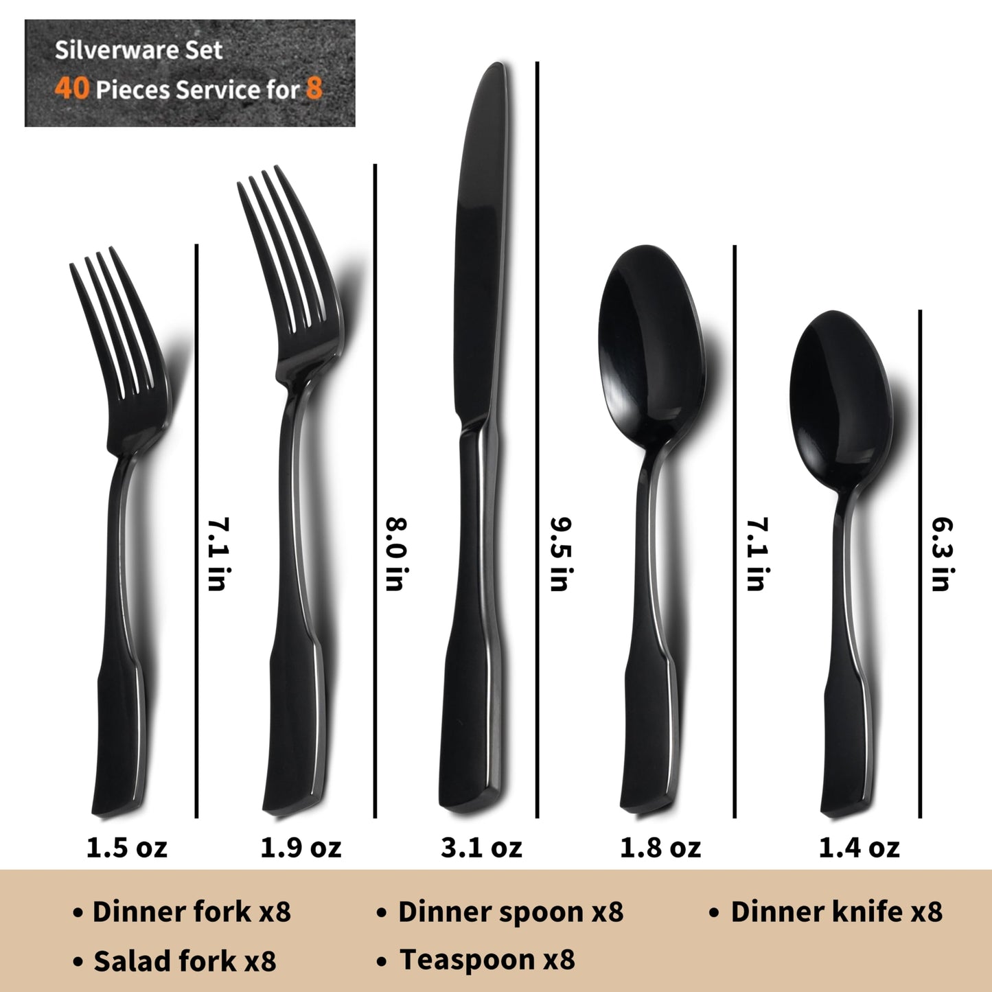 Alata Kate Black Mirror 40-Piece Silverware Set,Service for 8,Stainless Steel Flatware Set,Mirror Cutlery Set,Dishwasher Safe