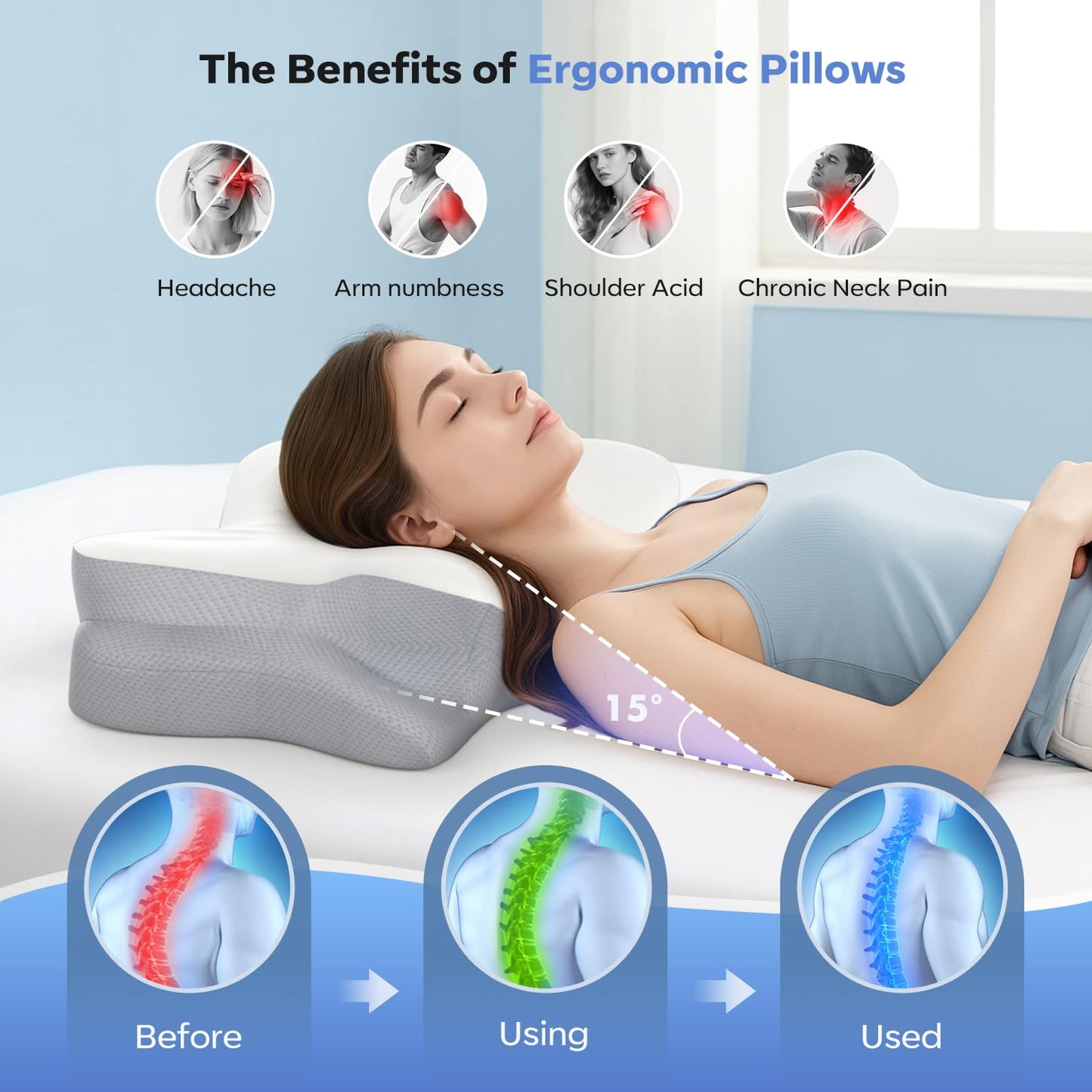 Fyova Cervical Neck Pillow, Ergonomic Memory Foam Pillows for Neck Pain Relief with Breathable Pillowcase, Adjustable Contour Neck Support Pillow for Side Back Stomach Sleepers, Odorless