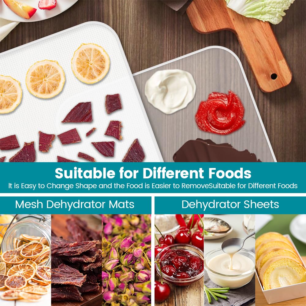 8 Pcs Silicone Food Dehydrator-Trays with Edge, 8 Pcs Mesh Dryer Mats,Reusable Non Stick Silicone Dehydrator Sheets (11x 11in) for Liquids,Fruit Leather,Herbs,Meat and Yogurt