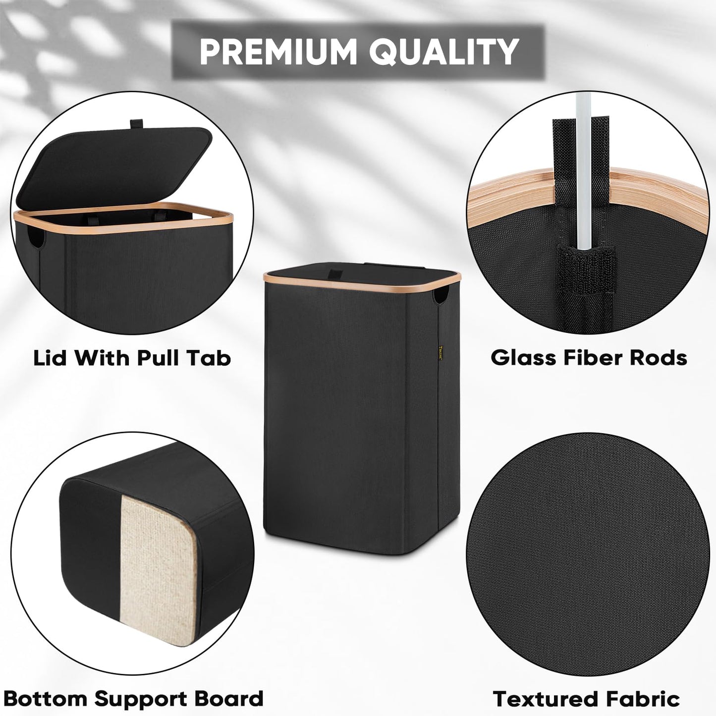 BALEINE Laundry Hamper with Lid, Tall Laundry Baskets with Bamboo Pull Handles, Large Laundry Bin with Internal Support (26Gal/100L, Carbon Black)