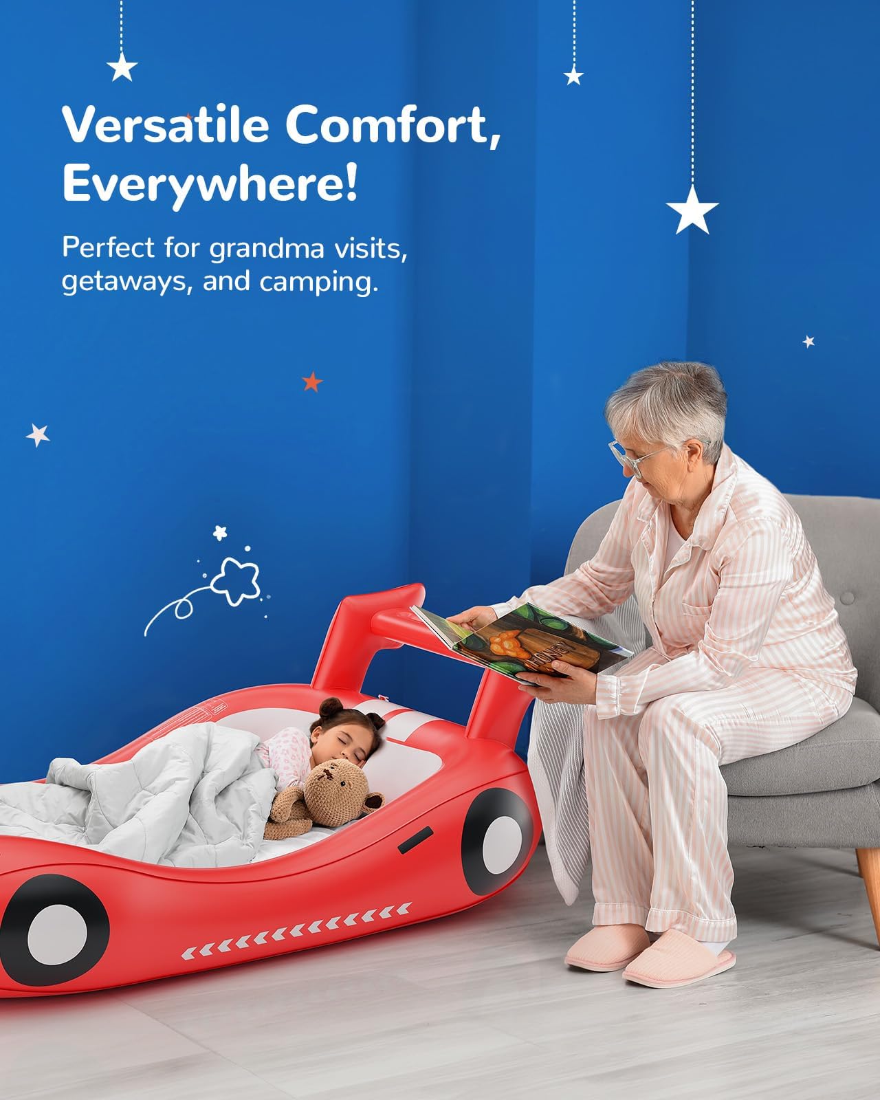 QPAU Blow up Inflatable Toddler Travel Bed with Sides, Toddler Air Mattress for Camping, Traveling, Hotel, or Home Use, Hand Pump Included