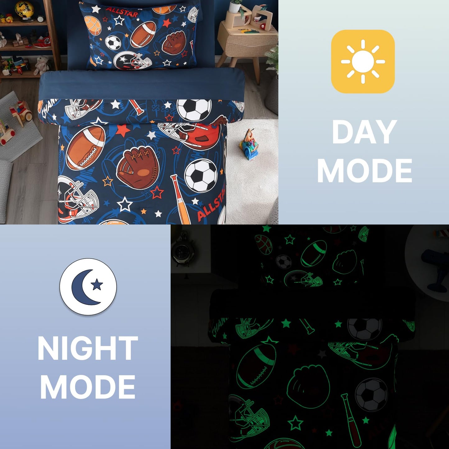 Wink Deer Twin Comforter Set for Boys-5 Pieces Sports Ball Games Glow in the Dark Twin Bedding Sets for Kids, Ultra Soft Bed in A Bag with Sheets