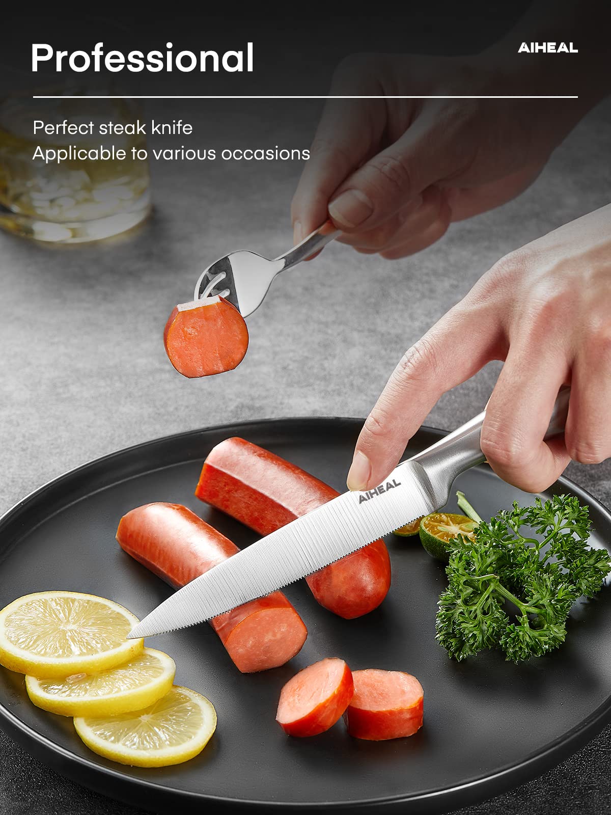 Aiheal Steak Knives, Stainless Steel Steak Knives Set of 12, Never Needs Sharpening Dinner Steak Knife Set, Sharp Micro Serrated Knives