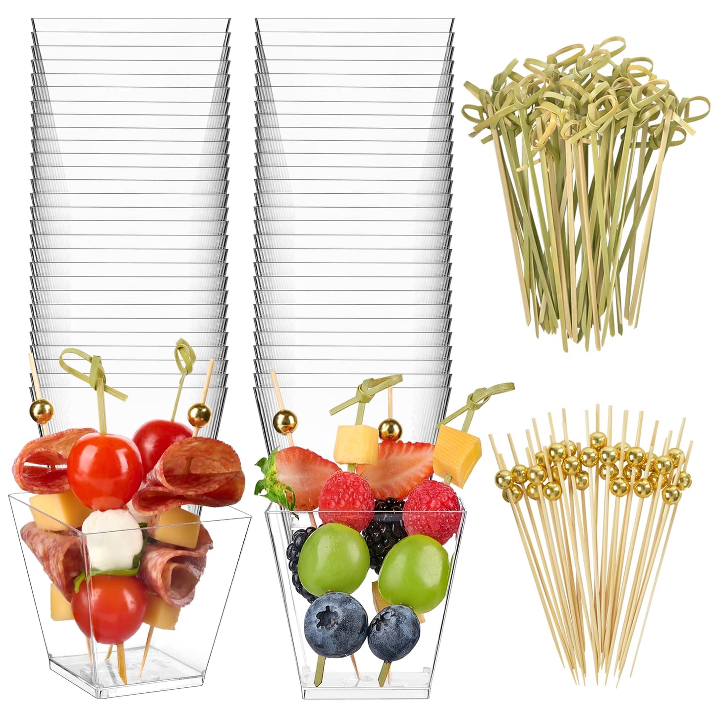 Zezzxu 50 Sets 7 oz Plastic Charcuterie Cups with 200 Sticks, Square Appetizer Cup with Cocktail Picks Mini Party Serving Cups for Fruit, Snack, Dessert