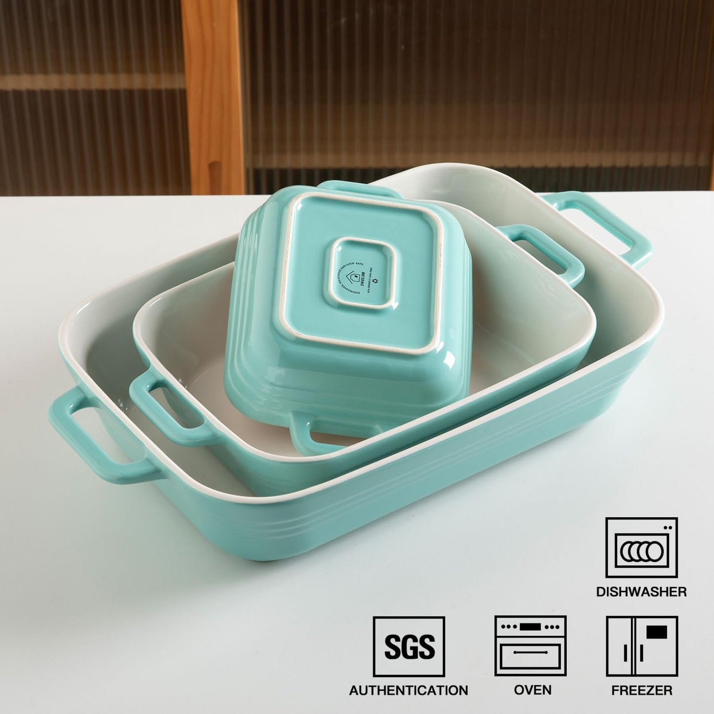 Sweejar Relief Casserole Dishes for Oven, Ceramic 9x13 Baking Pans Set for Cooking, Cake, Banquet and Daily Use, Rectangular Bakeware Set, Porcelain Baking Dish, Lasagna Pan Deep with Handles(Turquoise)