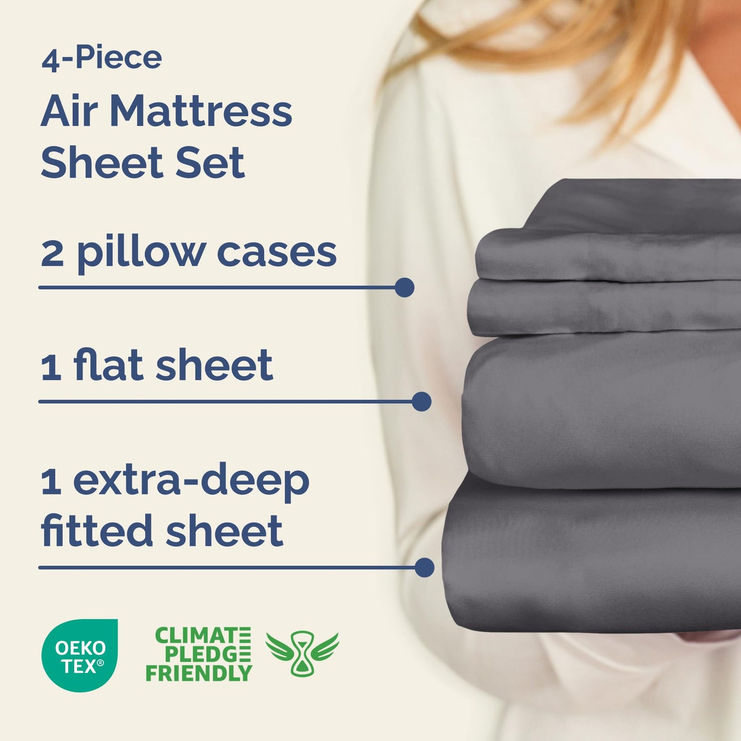 Air Mattress Sheet Set for Queen Size - 4 Piece Breathable & Cooling Sheets w/Extra Deep Pockets - Fits Inflatable & Blow Up Air Mattresses Up to 24 Inches Thick - Soft and Wrinkle Free - Dark Grey