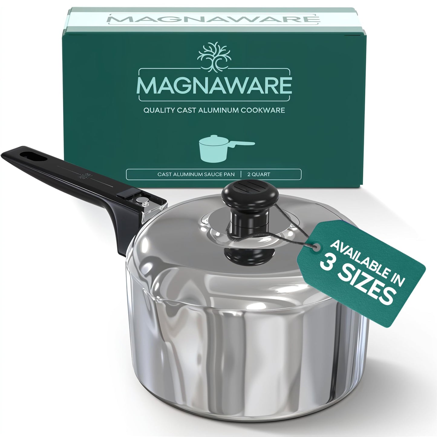 Magnaware Cast Aluminum Sauce Pan with Lid 2 Quart - Multipurpose Lightweight Saucepan with 2 Side Pour Spouts & Stay-Cool Handle - Small Cooking Pot for Sauces, Pasta, Soup - Oven Safe
