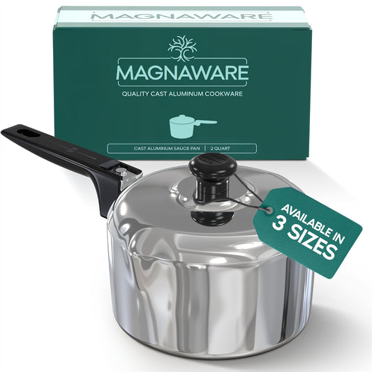 Magnaware Cast Aluminum Sauce Pan with Lid 2 Quart - Multipurpose Lightweight Saucepan with 2 Side Pour Spouts & Stay-Cool Handle - Small Cooking Pot for Sauces, Pasta, Soup - Oven Safe