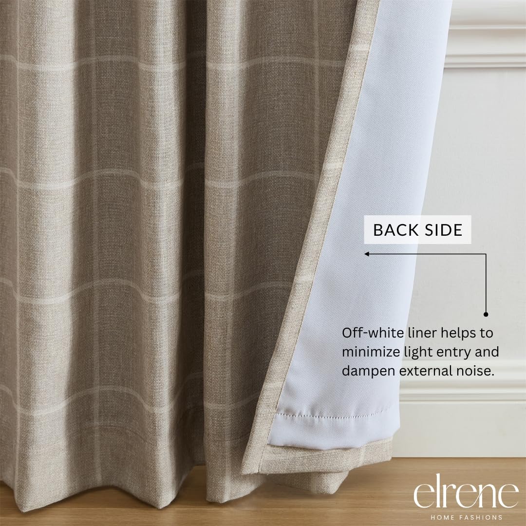 Elrene Home Fashions Sawyer Windowpane Plaid Room Darkening Single Window Curtain Panel with Rod Pocket/Back Tabs for Living Room/Bedroom/Office, 52"x84", Taupe