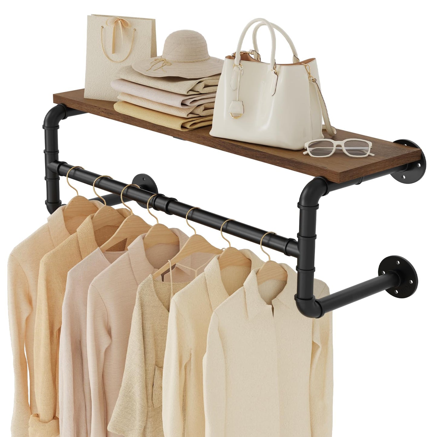 Yawinhe Industrial Pipe Clothes Rack with Top Shelf, Wall Mounted, Space Saving Hanger with 4 Bases, for Shops, Homes, 27.5''Lx10.2''Wx10.2''H, Rustic Brown, 1-Pack