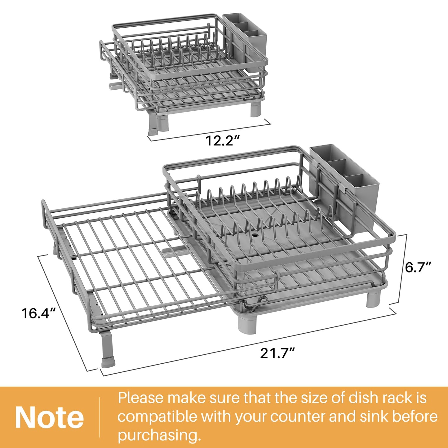 SNTD Dish Drying Rack - Extendable Dish Rack, Large Sink Drying Dish Drainer for Kitchen Counter, Stainless Steel Dish Strainer with Utensil Holder (Grey)