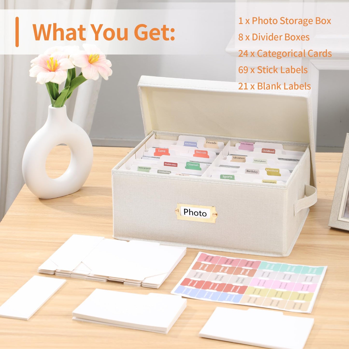 Aokeyee 2PC Photo Storage Box - Decorative Linen Memory Organizer for 4x6 Pictures, Keepsake Box with Dividers & Labels, Holds 1700+ Photos