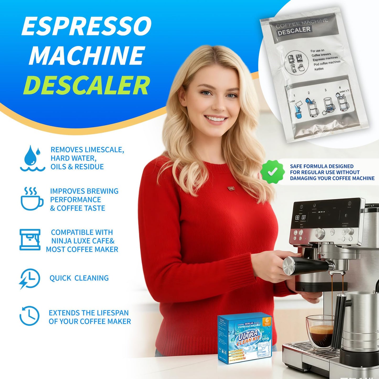 OCTPLAY Espresso Cleaning Supply Kit for Ninja Luxe Cafe, 6 Month Supply, Descale Packets, Cleaning Tablets, Water Filters,Disc,Espresso & Coffee Machine ES501 ES601 ES701 Cleaner