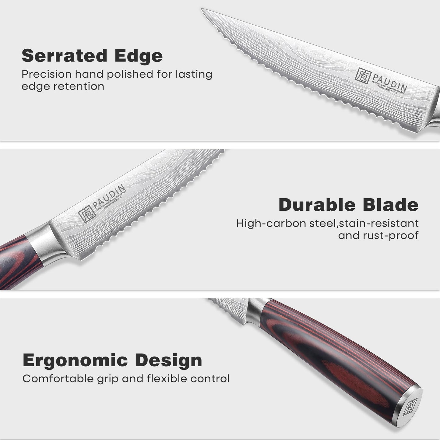 PAUDIN Steak Knives, Steak Knives Set of 6, Ultra Sharp 4.5 Inch Serrated Steak Knife, High Carbon Stainless Steel Steak Knife Set with Pakkawood Handle and Gift Box