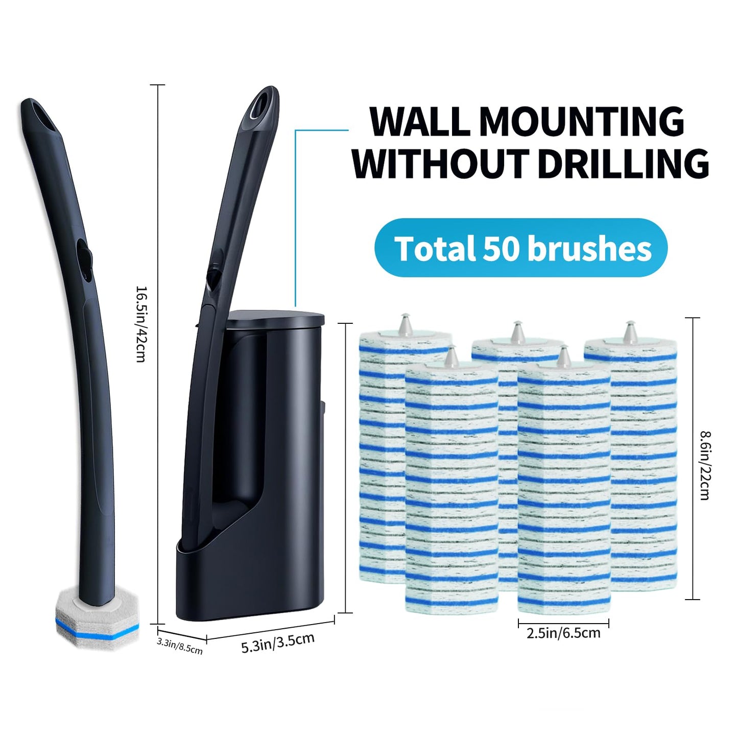 Disposable Toilet Brush with 50 Wand Cleaner Refills Pads，Wall Mounted Toilet Bowl Holder Set，Toilet Cleaning System Starter Kit，Bathroom Cleaning System for Sink Bathtub Wash Basin