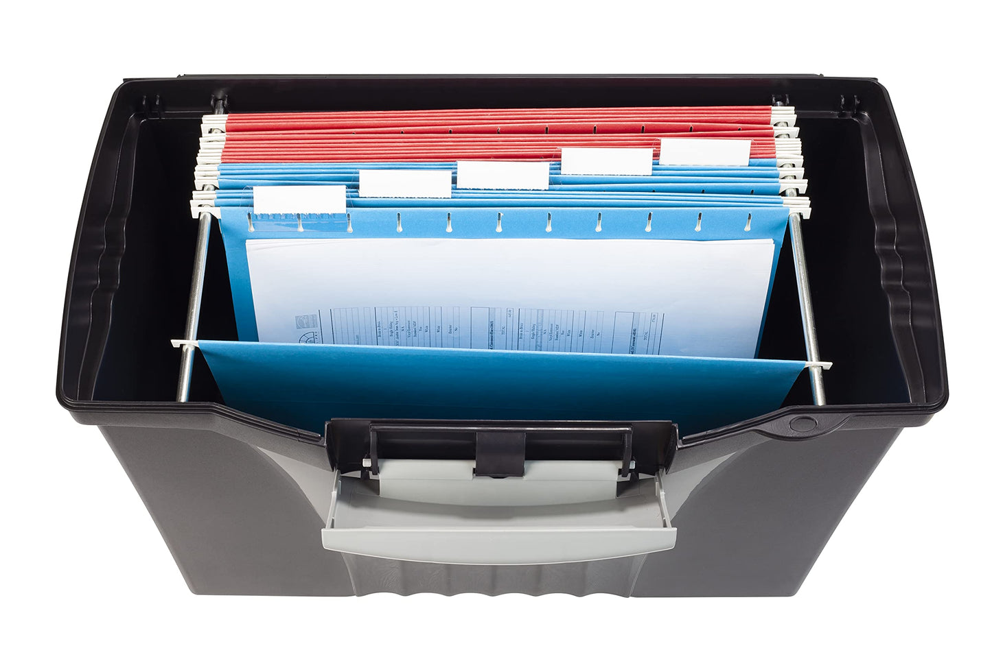 Storex Legal File Box with Organizer Lid – Plastic Office File Storage Box for Letter and Legal Hanging Folders, Obsidian, 1-Count (61510A01C)