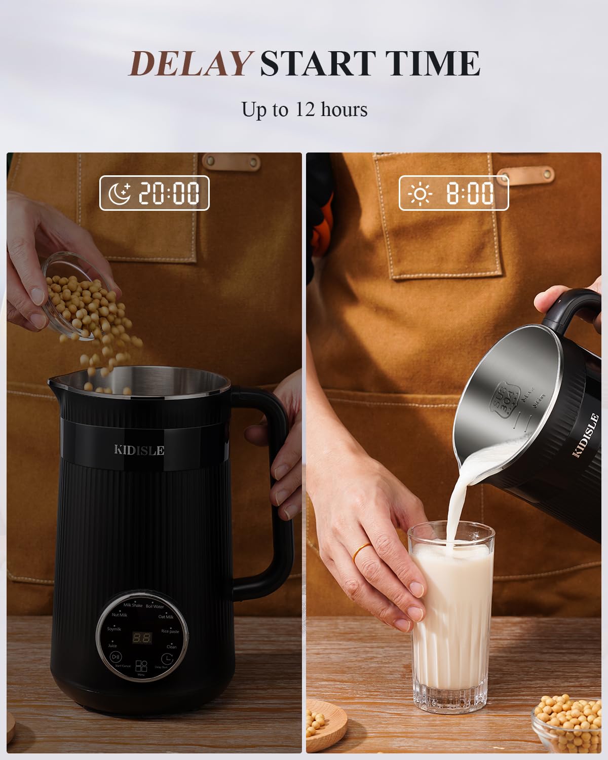 KIDISLE 32oz Automatic Soy Machine for Homemade Almond, Oat, Coconut, Soy, Plant Based Milks and Non Dairy Beverages with Delay Start/Keep Warm/Self-Cleaning/Boil Water, Black
