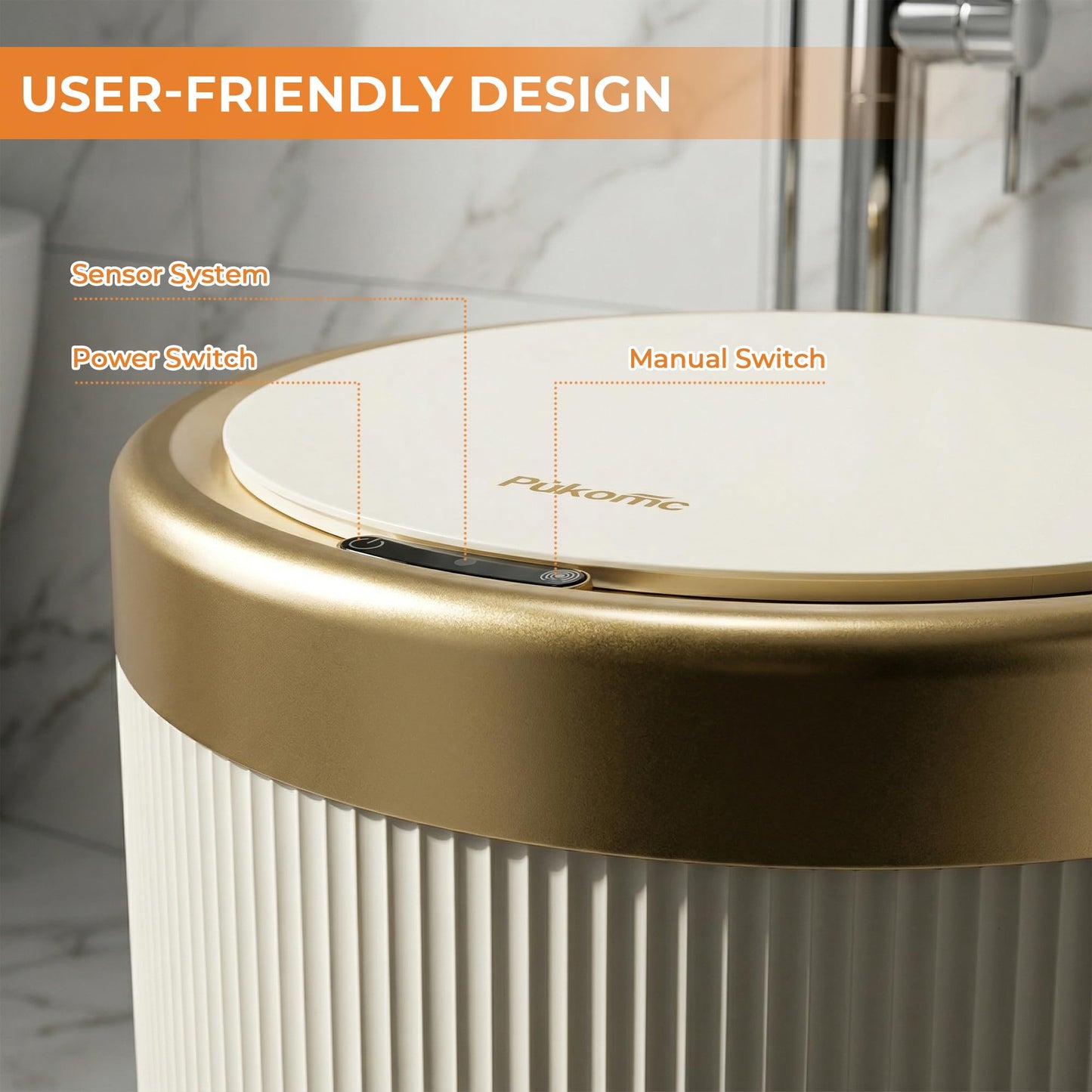 Pukomc Bathroom Trash Can with Lid，3.5 Gallon Motion Sensor Waterproof Touchless Garbage Can, Smart Plastic Trash Bins Suitable for Kitchen, Bathroom, Bedroom, Living Room, Office Beige