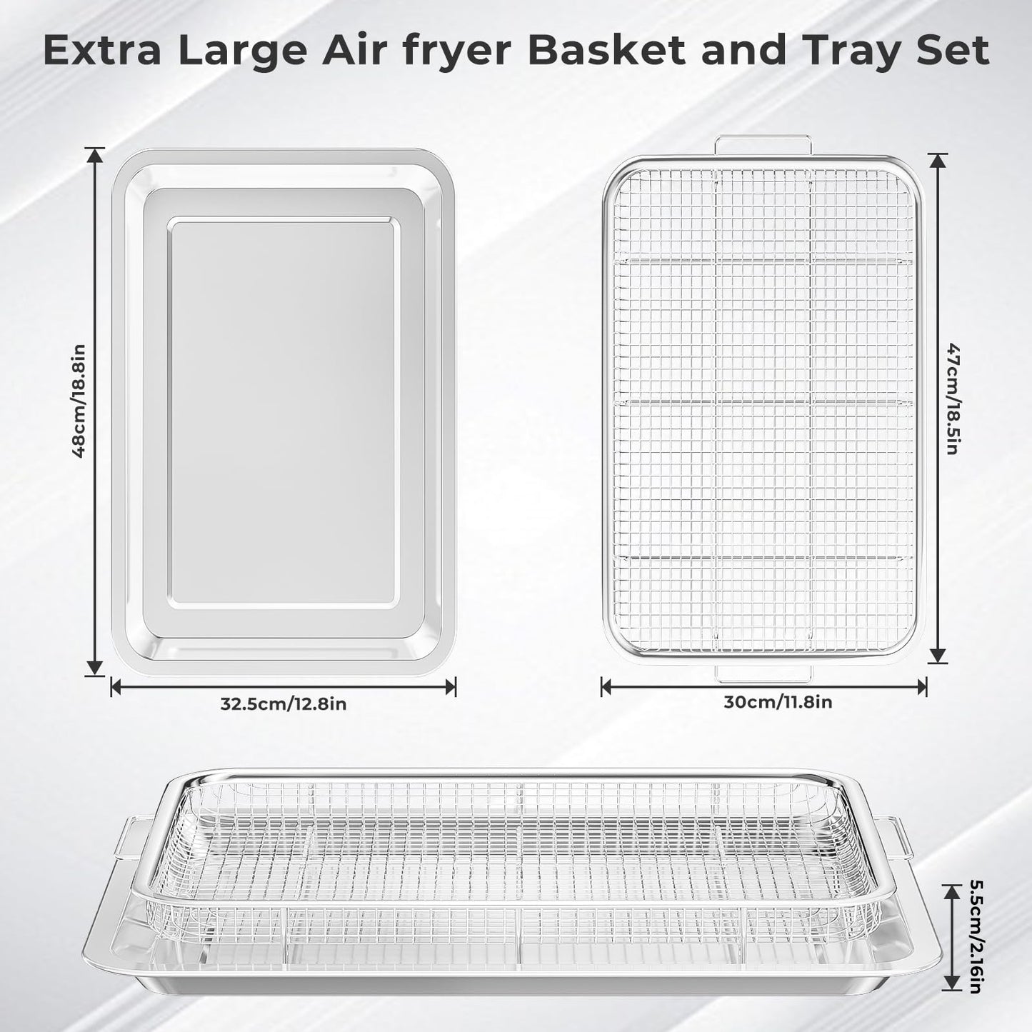 Air Fryer Basket for Oven,Extra Large 18.8" x 12.8" Oven Air Fryer Basket and Tray Set with 30 PCS Parchment Papers, THORSES Thickened Stainless Steel Air Fryer Pan and Crisper Tray for Frying Baking