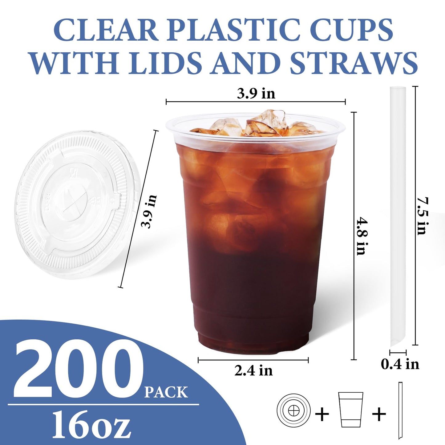 SAEUYVB 200 Pack - 16 oz Clear Plastic Cups with Lids and Straws,Disposable Iced Coffee Cups with Lids for Smoothie,Milkshake,Cold Drinks,Sturdy&Food Safe Disposable Clear Plastic Cups