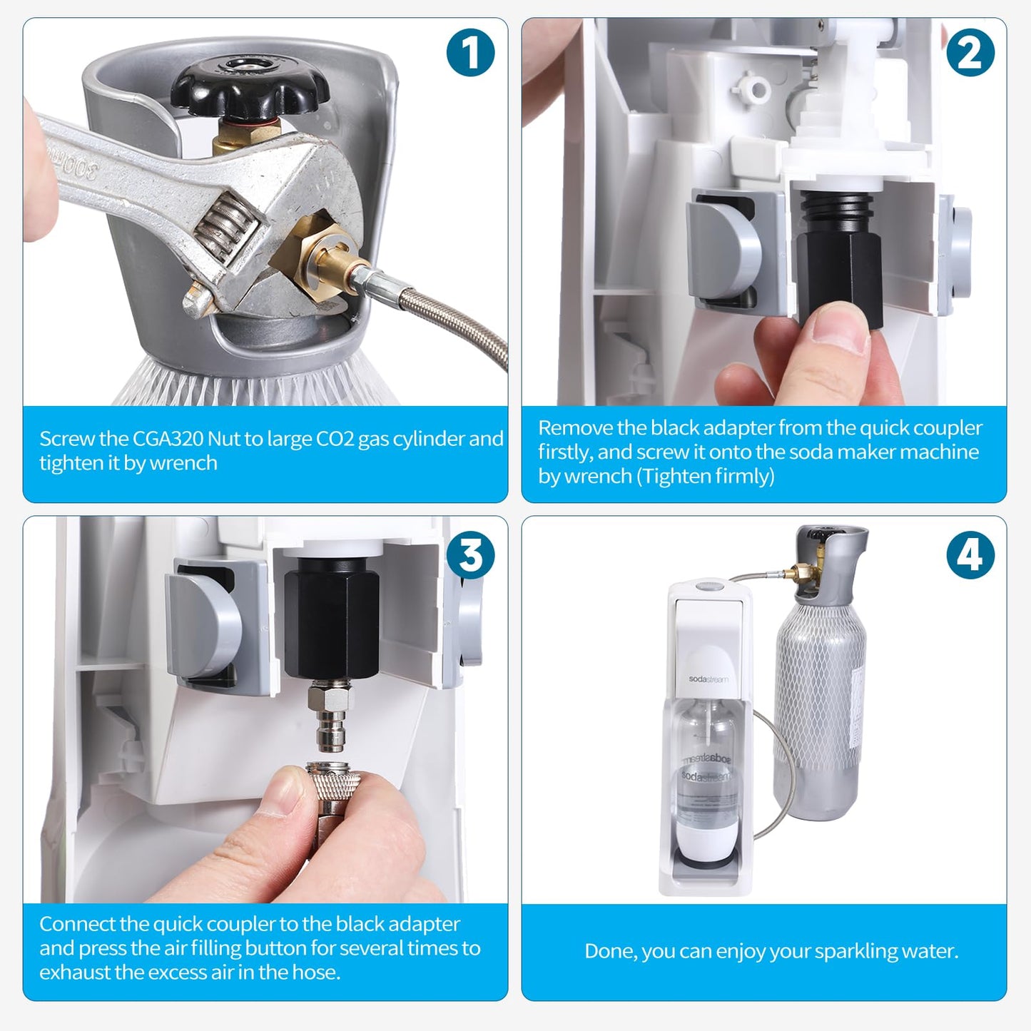 GURUDAR CO2 Tank CO2 Cylinder Direct Adapter with 60in Stainless Steel Hose, CGA320 to TR21-4 Carbonated Water Soda Maker Connector for Fizzi One Touch Jet Ninja Thirsti
